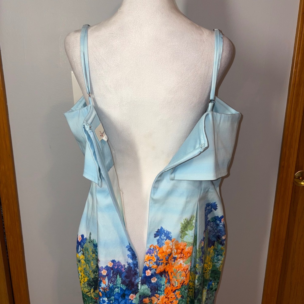 Anthropologie sleeveless fold over knee‎ length Dress floral Midi Blue Size L - Picture 9 of 14